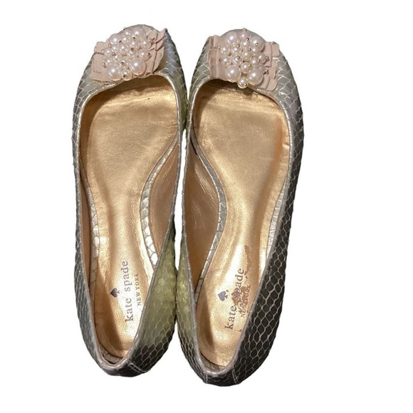 Kate Spade Women's Size 8 Flats Gold Snakeskin Open Toe Shoes‎ Beaded - Picture 3 of 6